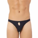 BS  Men's Cotton Spandex Brief Thong Front Open Hole Notch Underwear (Black)