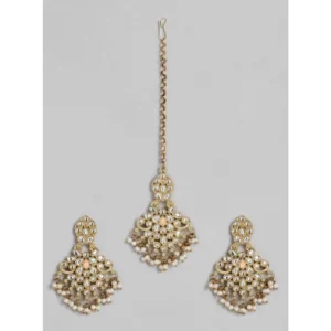 BS Women's Rose Gold Plated Alloy Kundan Earrings & Mangtikka (White)