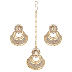 BS  Women's Rose Gold Plated Alloy Kundan Earrings & Mangtikka (White)