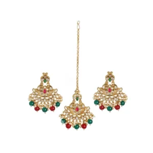 BS Women's Rose Gold Plated Alloy Kundan Earrings & Mangtikka (Red & Green)