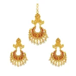 BS Women's Rose Gold Plated Alloy Kundan Earrings & Mangtikka (Maroon)