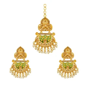 BS Women's Rose Gold Plated Alloy Kundan Earrings & Mangtikka (Green)