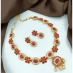 BS Women's Gold Plated Traditional Necklace and Earrings Set (Red, Free Size)