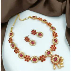 BS Women's Gold Plated Traditional Necklace and Earrings Set (Red, Free Size)