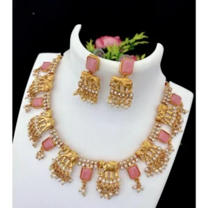 BS  Women's Gold Plated Temple Necklace and Necklace and Earrings Set (Pink, Free Size)