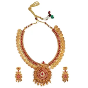 BS Women's Gold Plated Temple Necklace and Earrings Set with Pearls (Red, Free Size)