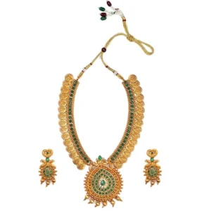 BS  Women's Gold Plated Temple Necklace and Earrings Set with Pearls (Green, Free Size)