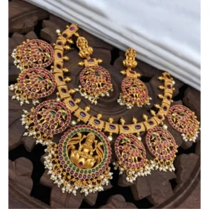 BS Women's Goddess Glamour Gold Plated Temple Necklace and Jhumka Set (Multi Color, Free Size)