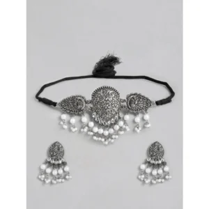 BS Women's Rose Gold Plated Alloy Necklace & Earings Set (Silver)