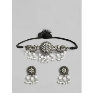 BS Women's Rose Gold Plated Alloy Necklace & Earings Set (Silver & White)