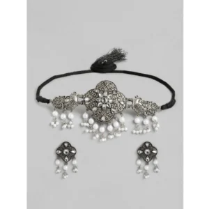 BS Women's Rose Gold Plated Alloy Necklace & Earings Set (Silver & White)