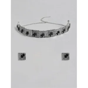 BS  Women's Rose Gold Plated Alloy Necklace & Earings Set (Silver & Black)