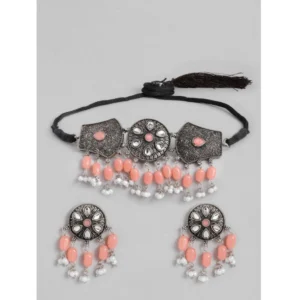 BS  Women's Rose Gold Plated Alloy Necklace & Earings Set (Orange)