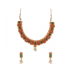 BS Women's Elegent Brass Chain Necklace Set (Red And Green, Free Size)
