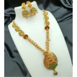 BS  Women's Traditional Temple Necklace and Earrings Set in Gold (Green, Free Size)