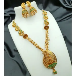 BS  Women's Traditional Temple Necklace and Earrings Set in Gold (Green, Free Size)