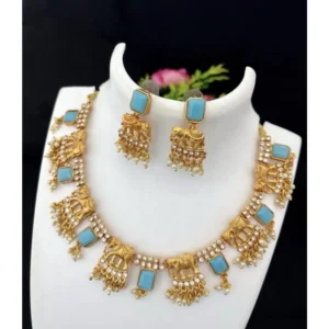 BS Women's Gold Plated Necklace and Earrings Set with Mang Tikka (Blue, Free Size)