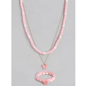 BS Women's Rose Gold Plated Brass Pendant Chain With Beaded Bracelet (Pink)