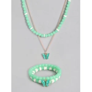 BS  Women's Rose Gold Plated Brass Pendant Chain With Beaded Bracelet (Light Green)