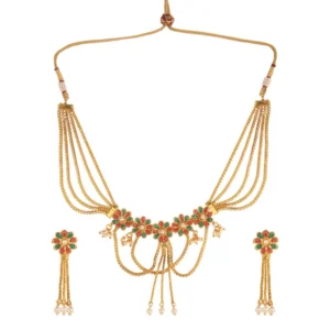 BS Women's Rose Gold Plated Alloy Necklace Set (Green & Red)