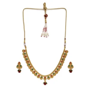BS Women's Rose Gold Plated Alloy Necklace & Earings Set (Green & Red)