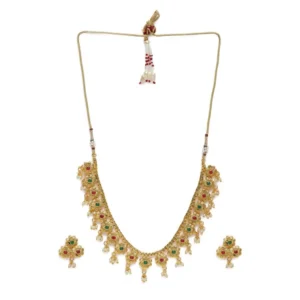 BS Women's Rose Gold Plated Alloy Necklace & Earings Set (Green & Red)