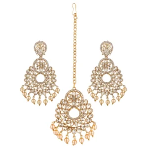 BS Women's Rose Gold Plated Alloy Kundan Earrings & Mangtikka (White)