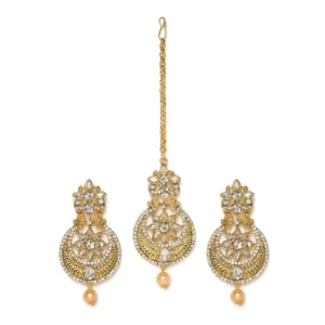 BS Women's Rose Gold Plated Alloy Kundan Earrings & Mangtikka (White)