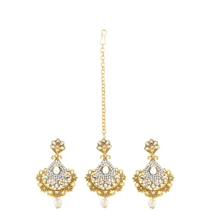 BS Women's Rose Gold Plated Alloy Kundan Earrings & Mangtikka (White)