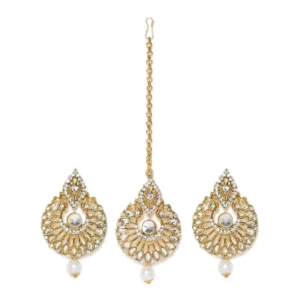BS Women's Rose Gold Plated Alloy Kundan Earrings & Mangtikka (White)