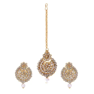 BS Women's Rose Gold Plated Alloy Kundan Earrings & Mangtikka (White)