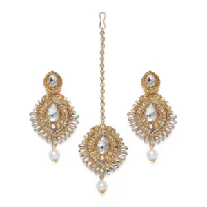 BS Women's Rose Gold Plated Alloy Kundan Earrings & Mangtikka (White)