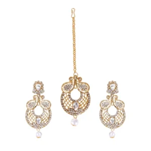 BS Women's Rose Gold Plated Alloy Kundan Earrings & Mangtikka (White)