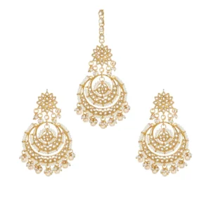 BS  Women's Rose Gold Plated Alloy Kundan Earrings & Mangtikka (White)