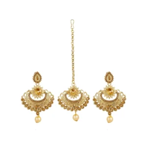 BS  Women's Rose Gold Plated Alloy Kundan Earrings & Mangtikka (Gold)
