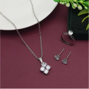 BS Women's Silver Color Stone Locket Pendant Set Adjustable Ring
