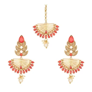 BS Women's Rose Gold Plated Alloy Kundan Earrings & Mangtikka (Gold & Red)