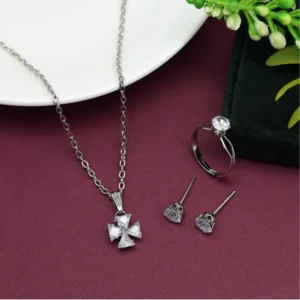 BS Women's Silver Color Stone Locket Pendant Set Adjustable Ring