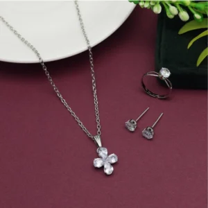 BS Women's Silver Color Stone Locket Pendant Set Adjustable Ring