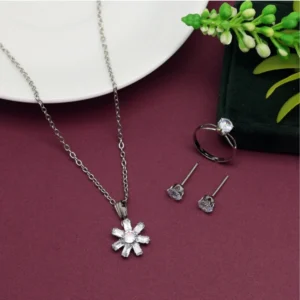 BS Women's Silver Color Stone Locket Pendant Set Adjustable Ring