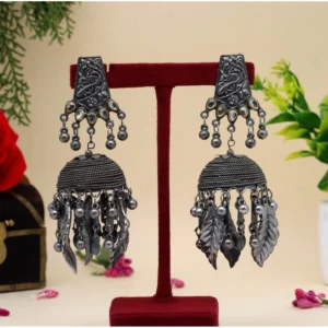BS Women's Silver Color Oxidised Big Jhumka Earrings