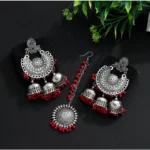 BS Women's Red Color Oxidised Earrings Tikka Set