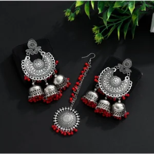 BS Women's Red Color Oxidised Earrings Tikka Set
