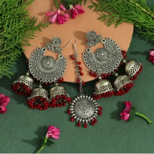 BS Women's Maroon Color Oxidised Earrings Tikka Set