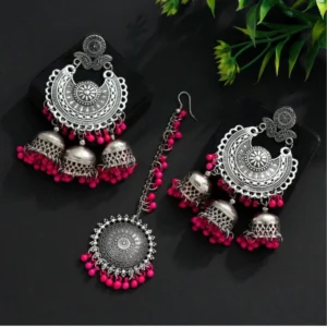 BS Women's Rani Color Oxidised Earrings Tikka Set