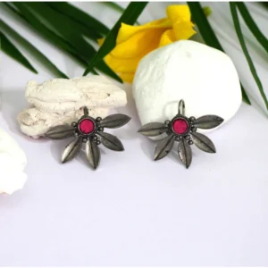 BS Women's Pink Color Glass Stone Oxidised Earrings