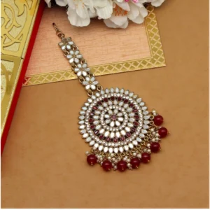 BS Women's Maroon Color Mirror Work Maang Tikka