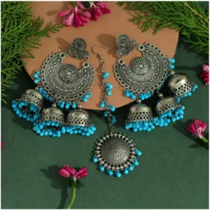 BS Women's Firozi Color Oxidised Earrings Tikka Set