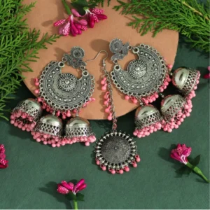 BS Women's Baby Pink Color Oxidised Earrings Tikka Set