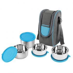SW Cello Steelox Stainless Steel Lunch Box-4 Steel Blue (Capacities - 225ml 375ml x 2 550ml
